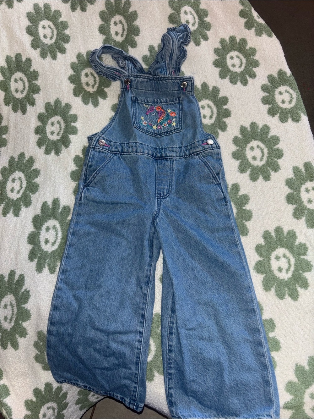 GAP Girls Denim Overalls with Colorful Embroidered Pocket